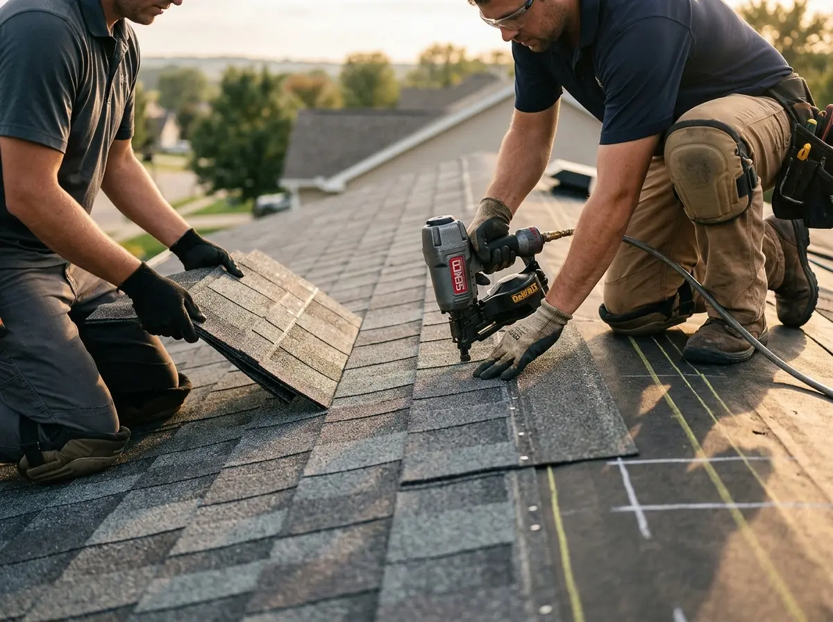 Professional roofer working on a residential roof in Harrison